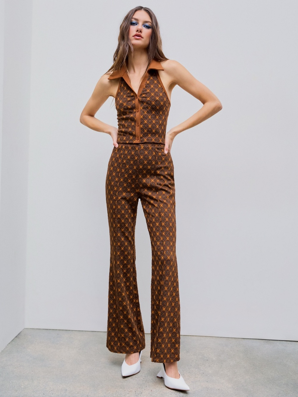 NWT Cider Retro Knit Matching Set | Halter Top & Flare Pants | Size L